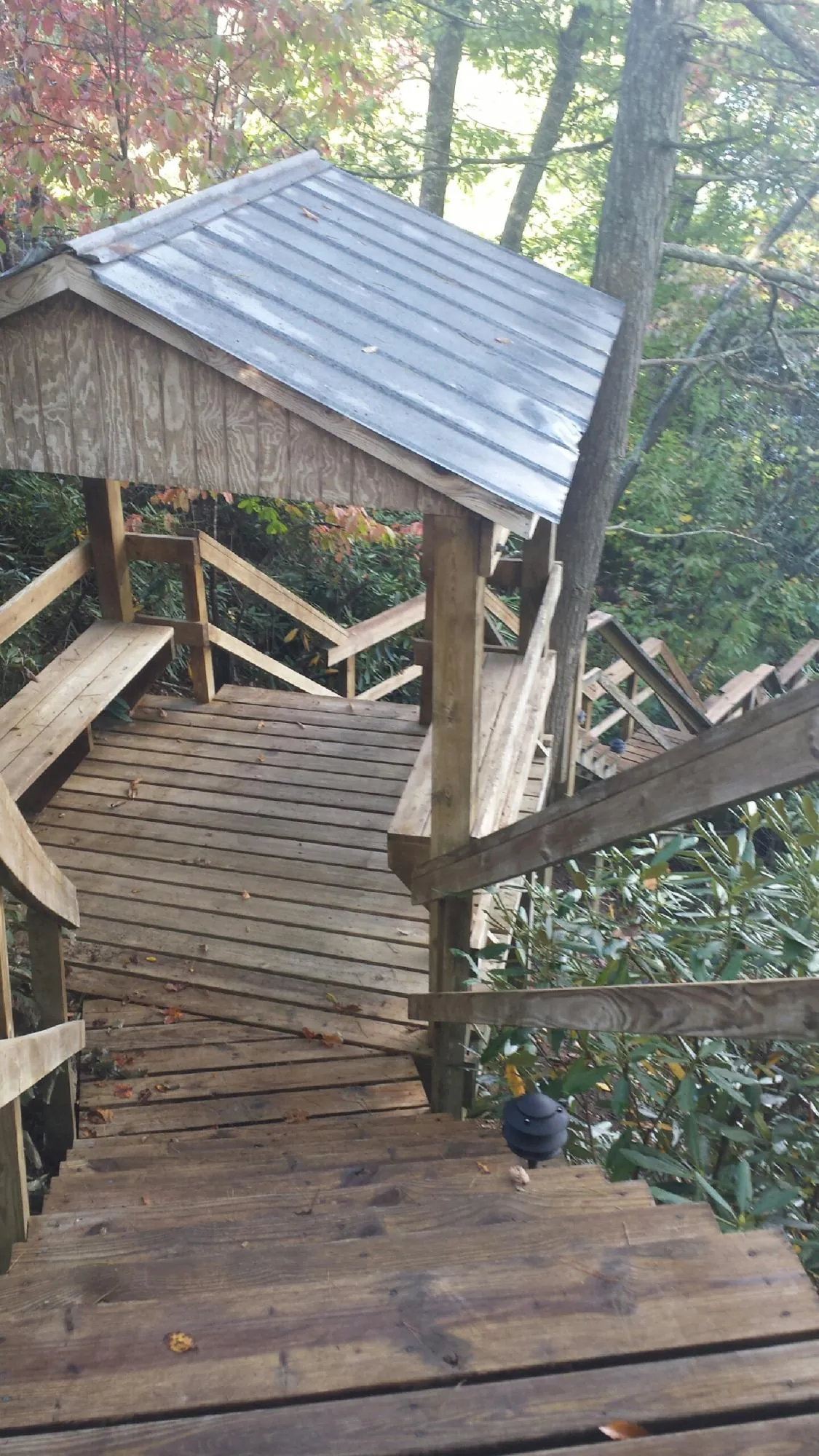 Metal roofed shelter over wooden steps on a wooded walkway — Skylight Repair & Installation work by our crew in Mc Donough